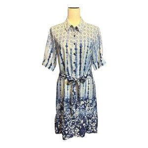 Peter Som Blue White Patterned Short Sleeve Shirt Dress Size 8